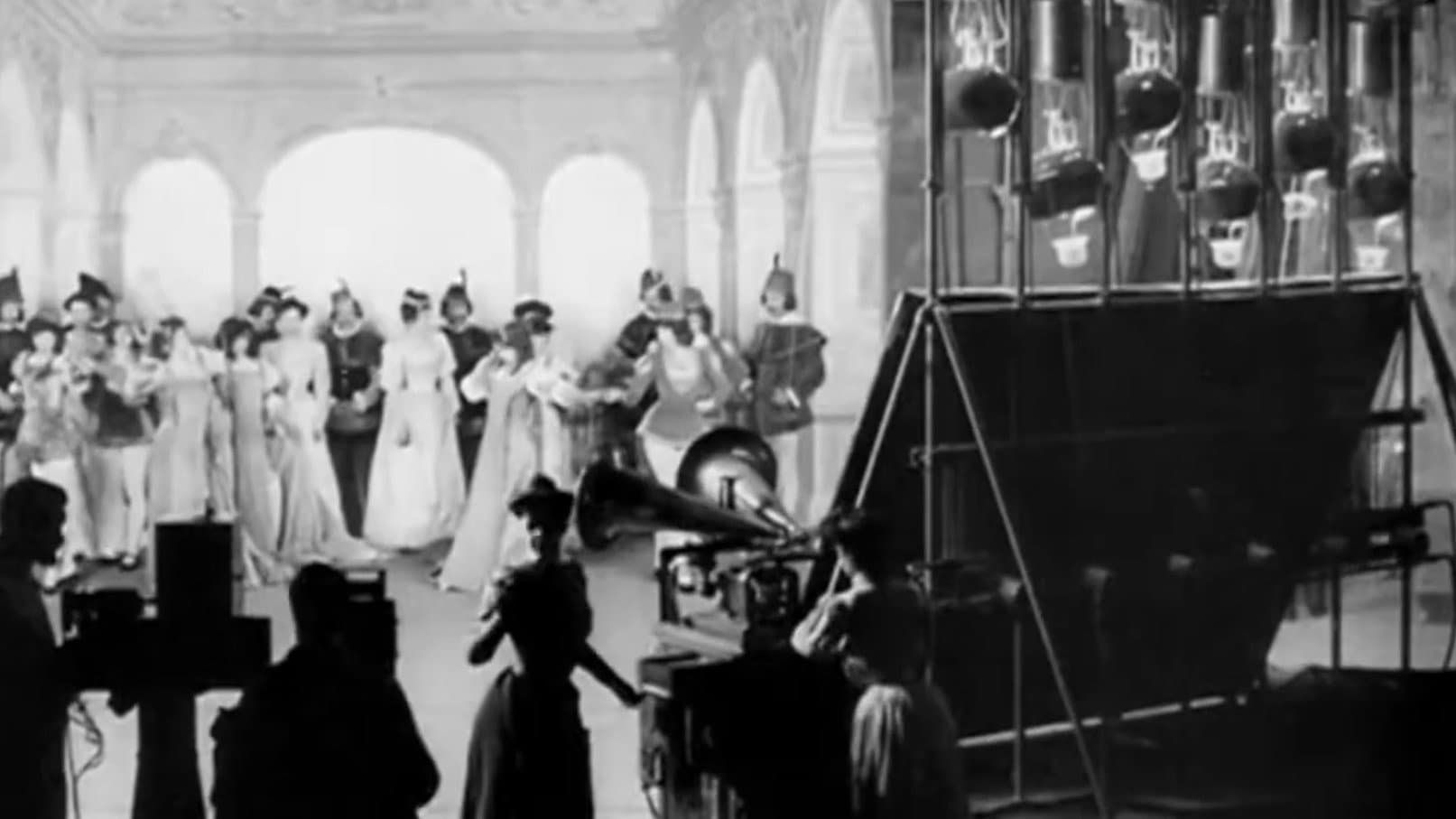 Alice Guy Films a 'Phonoscène' in the Studio at Buttes-Chaumont, Paris backdrop